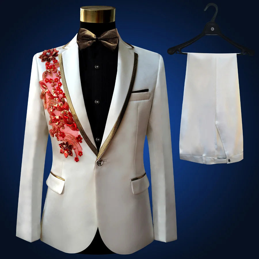 New Black Wedding Groom Tuxedos Suit Men Fashion Paillette Embroidered Male Singer Performance Party Prom Blazer Suit 4 Pcs