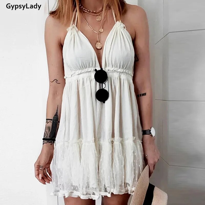 GypsyLady Summer Backless Boho Mini Dress Deep V Sexy Women Strapless Beach Dress Hippie Chic Dress Holiday Casual Dress