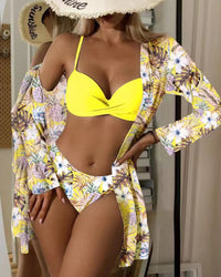 2 pieces Women's three piece swimsuit new mesh cardigan split bikini print