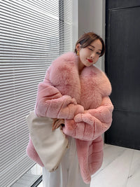 Furyoume Winter Women Real Rex Rabbit Fur Coat Thick Warm Natural Fur Jacket With Fox Fur Collar Luxury Chinchilla Overcoat