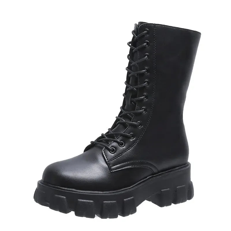 2024 Winter Shoes Women White Boots Autumn Fashion PU Leather Platform Gothic Boots Punk Combat Mid-Calf Boots For Women Booties