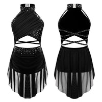 Kids Girls Sleeveless Fringed Bodysuit Moden Latin Jazz Dance Leotard Dress Rhinestones Gymnastics Skating Performance Costumes