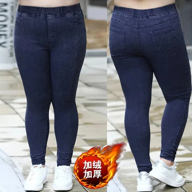Women Jeans 2022 New Autumn Trousers High-Waist Elasticity leggings Velvet Warm Winter Denim Pants Female Long Pants 6XL 7XL 8XL
