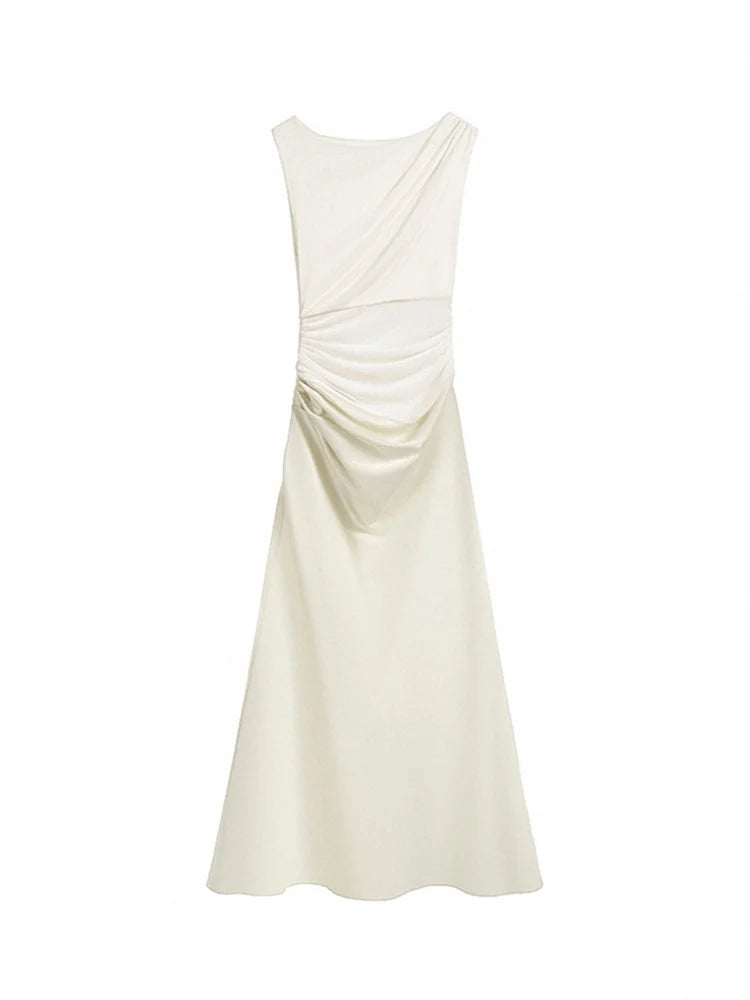 Retro Ele White Lace Satin Patchwork Design High Waist Slimming Long Skirt  Dr Soft Polyester Summer Gown