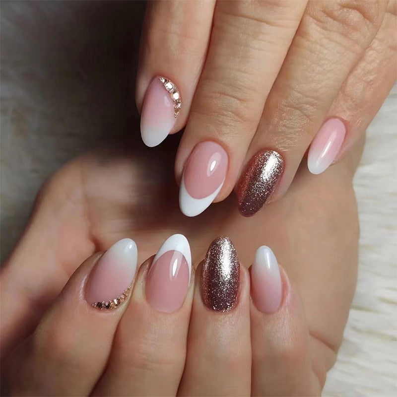 24Pcs Detachable Almond False Nails with Pearl Decoration Elegant Designs French Fake Nails Full Nail Art Tips Press On Nails