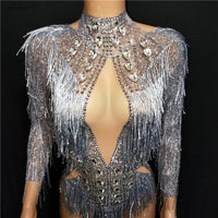 Rhinestones Gloves Tassel Bodysuit Sparkly Silver Crystals Fringes Jazz Dance Costume Party Stage Wear Dance Show Sexy Leotard