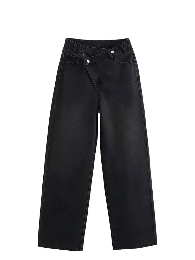 Women's Trousers Denim Solid Asymmetric High Waist Straight Long Pants Lady Versatile Basic 2025 New Woman Wide Leg Jeans