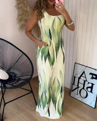 Boho Womens Summer Dress Retro Print Casual Slim Slit Square Neck Sleeveless Strappy Elegant  Tank Dresses For Women Robe