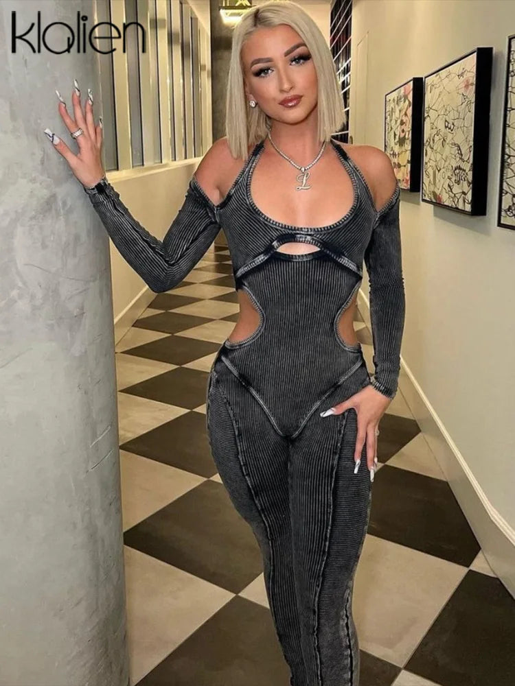 KLALIEN Ribbed Off Shoulder Jumpsuit for Women Autumn Hollow Out Skinny One Pieces Solid Streetwear Stretch Jumpsuits Female