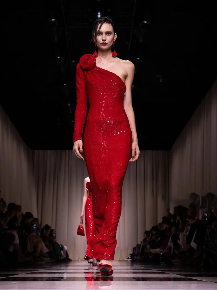 VC Red Christmas Dress For Women Sexy One Shoulder Sparkle Glitzy Sequins Dress Mesh Patchwork Celebrity Party Long Vestidos VC Red Christmas Dress For Women Sexy One Shoulder Sparkle Glitzy Sequins Dress Mesh Patchwork Celebrity Party Long Vestidos