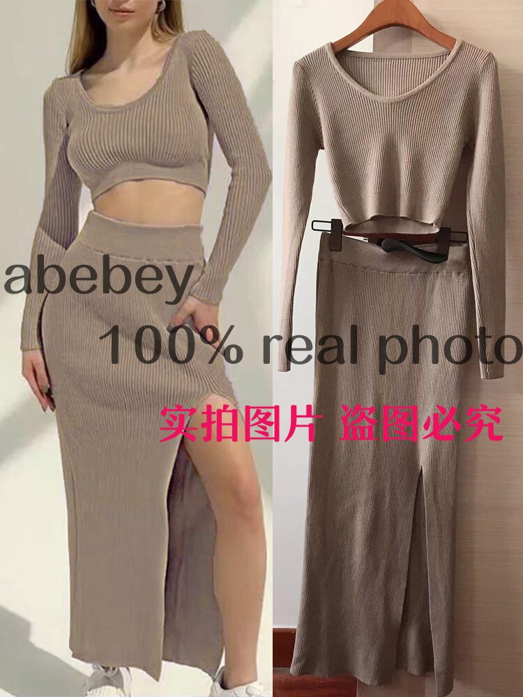 2022 Knitted Winter Women Sexy Sweater Skirt Suit Y2K Fashion Long Sleeve Crop Tops And Long Split Skirt Dress Two Piece Sets