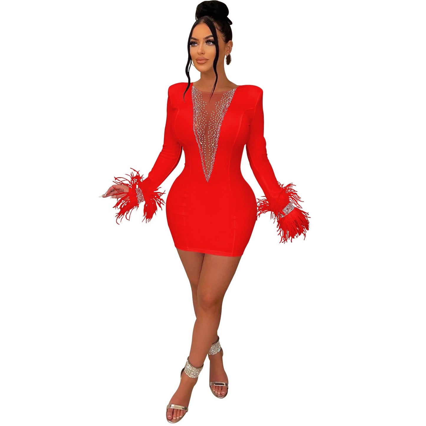 Feather Rhinestone Mesh Bodycon Mini Dress Women Night Club See Through Outfits Party Evening Sexy Diamond Prom Short Dresses