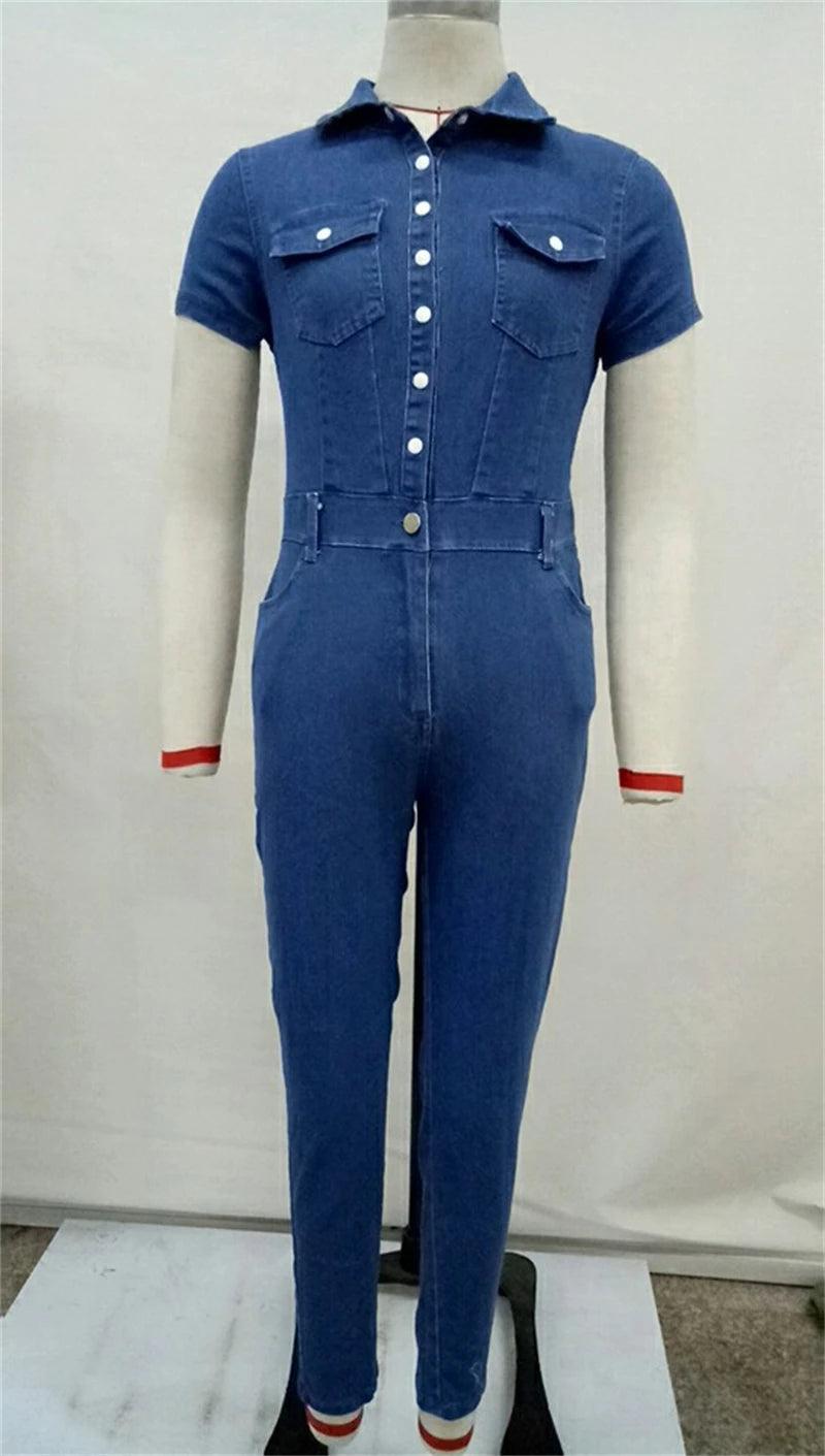 Vintage Denim Jumpsuits for Women Summer Clothing Turn Down Collar Button Up Jean Rompers Playsuits One Pieces Overalls Outfits