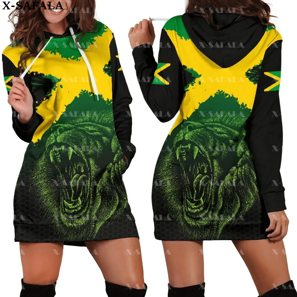 JAMAICA Emblem Country Flag New Harajuku Novelty 3D Print Autumn Hoodie Dress Women Casual Wear Long Sleeve Hooded Dress-3