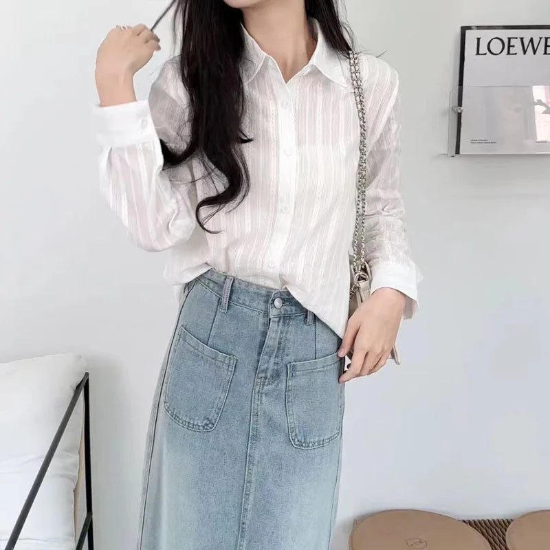 Spring New Elegant Long Sleeve White Shirt Casual Office Lady Blouse Summer Loose Thin Tops Classic Turndown Collar Clothing
