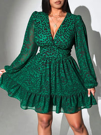 New Sexy V-Neck Leopard Print Long-Sleeve Dress Plus Size Women Clothing American Slim A-Line Skirt Elegant Party Evening Dress