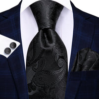 Hi-Tie Fashion 8.5cm Black Grey Floral Mens Elegant Tie Handkerchief Cufflinks Set Wedding Party Accessories Gift for Men Gravat