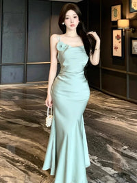 Ezgaga Dresses Women Flowers Sleeveless Swinging Collar Backless Slim French Style Party Mermaid Dress Temperament Elegant Sexy