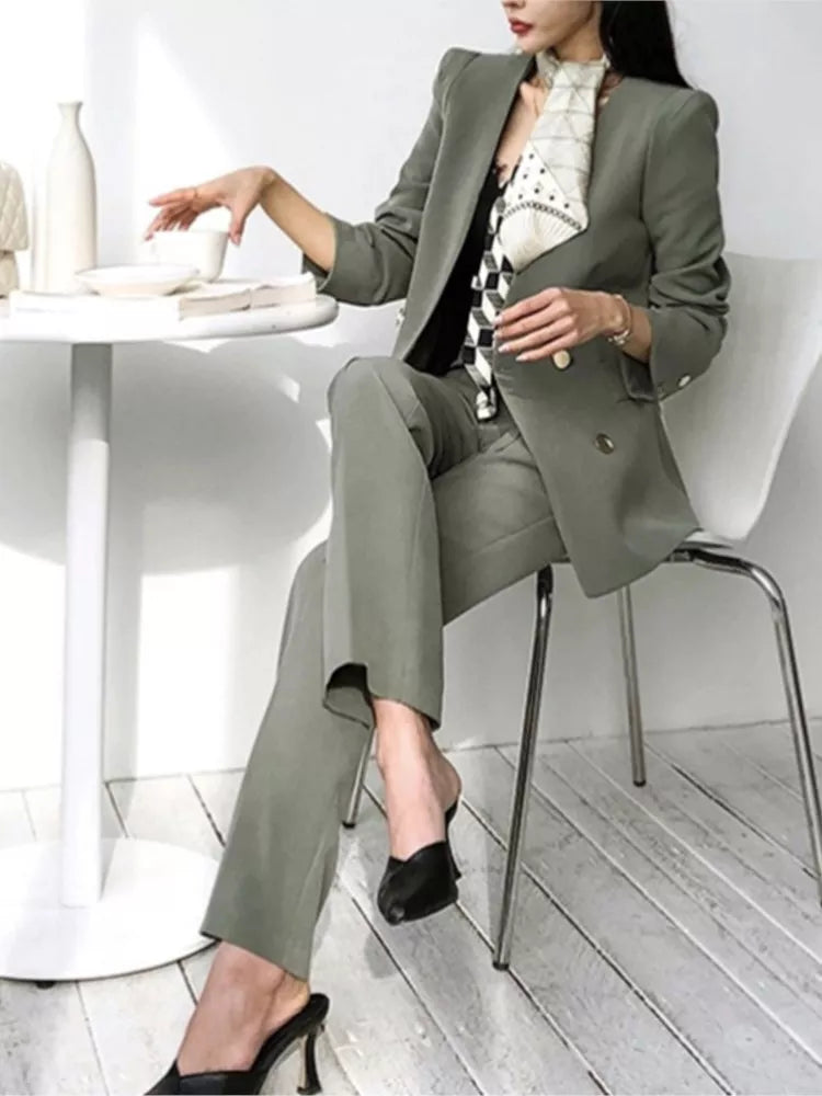 Spring Women Fashion Blazer Suit Long Sleeve Blazer With Belt Pants Suit Set Office Lady Two Piece Sets Outfits