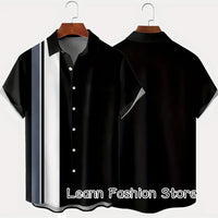 Men Summer Poker Symbol Stripe Print Shirt Casual Beach Short Sleeve Clothing Male Button Lapel Collar Shirt Fashion Leisurewear