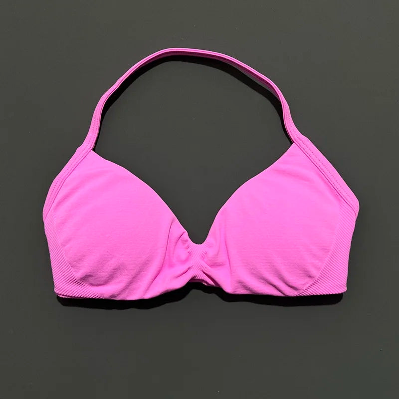 HISTELLO Strappy Bra Gym Top Women High Support Thin Strap Halter Sports Seamless Bras Scrunch Push-up Workout Yoga Tank Tops