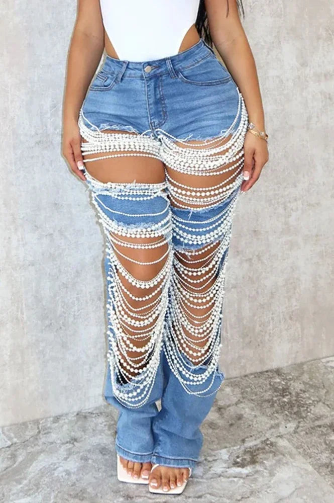 Ripped Jeans for Women Straight Pants Diamonds Chain Stretch Distressed High Waist Floor Length 2025 Streetwear Denim Trousers