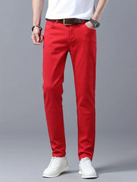 Men's Classic Red Jeans - Opaque Stretch Denim Pants, Machine Wash Suitable for Year-Round Wear - Adult Men's Clothing