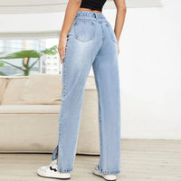 Washed Ripped Jeans Women Four Seasons New Fashion Personality To Do Old Denim High Waist Straight Comfortable Wide Leg Pants ﻿