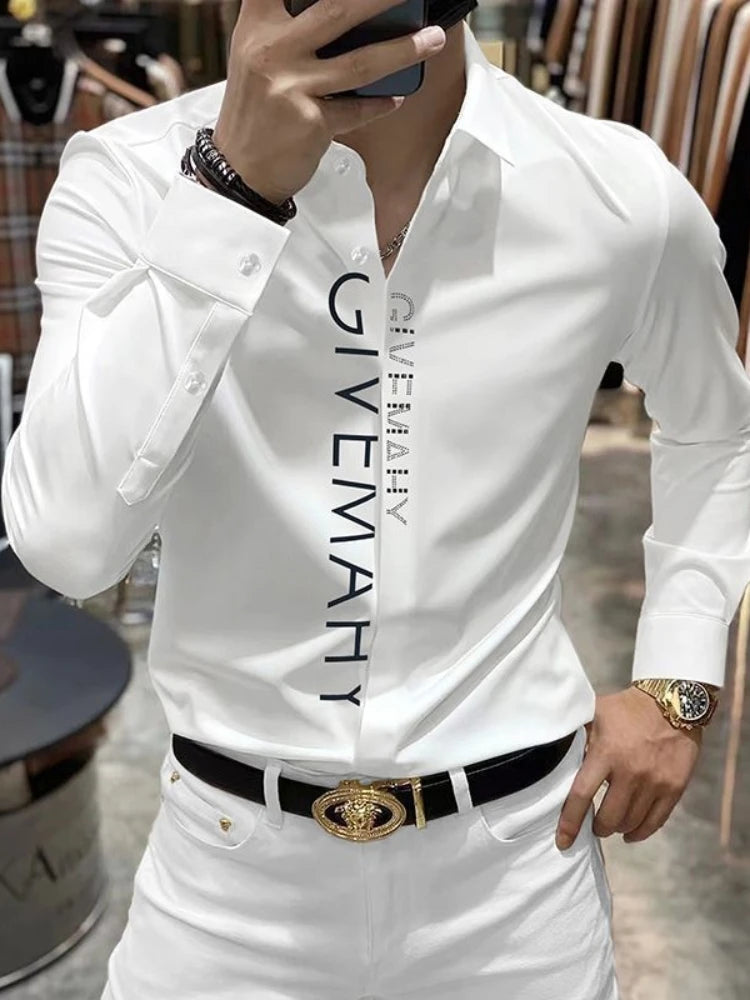 Spring And Summer Letter Shirt for Men Cotton Long Sleeve Casual Shirts Fashion Luxury Social Business Dress Shirts