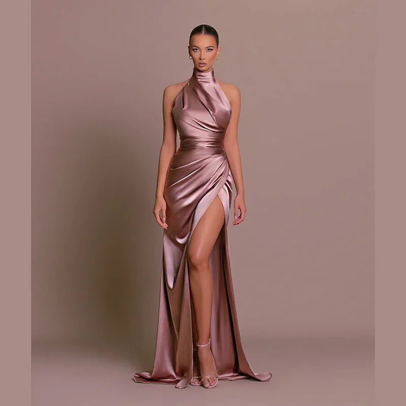 Satin Halter Pink Dress Evening Prom Party Dresses 2023 Women Luxury Bodycon Club Elegant Lady Maxi Sexy Pleated Slit Dress