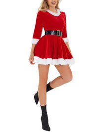 Christmas Dress for Women Santa Cosplay Costume Plush Trim Velvet Round Neck 3/4 Sleeve Belt Dress with Hat