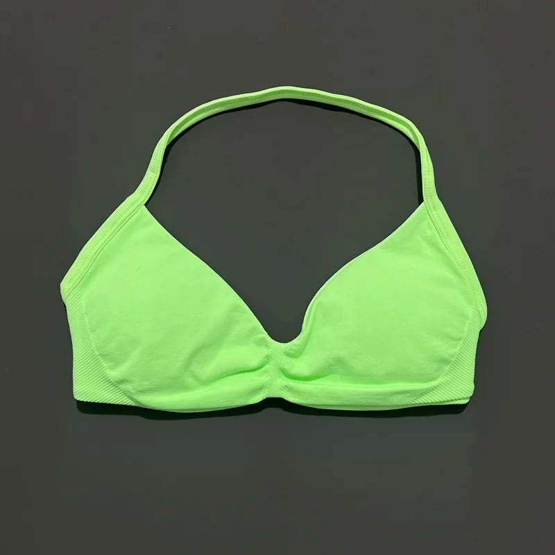 HISTELLO Sports Bra Seamless Halter Thin Strap High Support Scrunch Women Removable Pads Gym Fitness Workout Yoga Clothes
