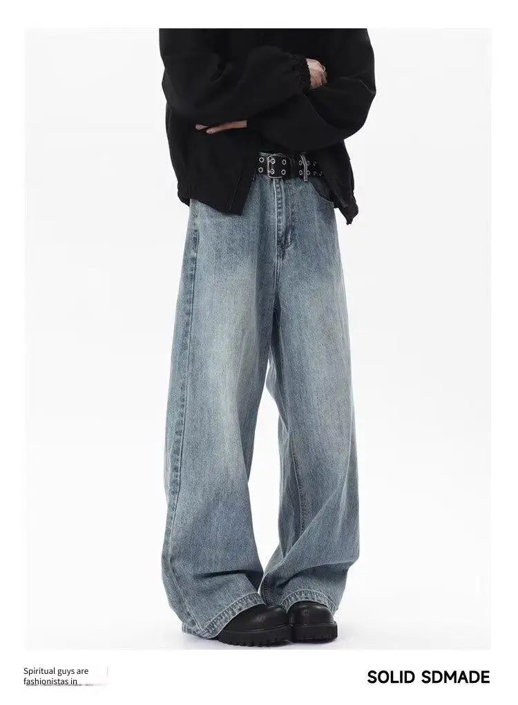 Loose Straight Jeans Men's Summer Casual Drooping Wide-leg Floor Trousers Chrome Darts Rhinestones Cooling Pants Man Jackets Top