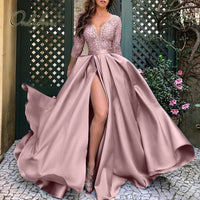 Evening Dress 2023 Length Long Party Dress Elegant Lady Lace Sequin Split Satin Sexy Maxi Evening Dress S-5XL