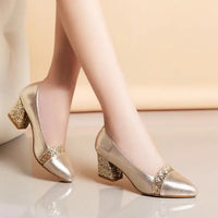 2021 Women Pumps Sweet Style Square High Heel Sequins Pointed Toe Spring and Autumn Elegant Shallow Ladies Shoes