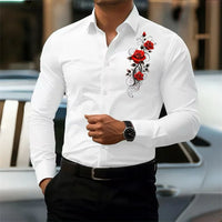 Men's long-sleeved shirt, featuring a vintage red rose print design.  A stylish business casual shirt and fashionable men's top.