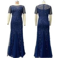 2023 Plus Size Sequin Mesh Mermaid Slim Evening Dress Beaded Leaves Pattern Formal  Women Elegant Party Prom Gowns Short Sleeve