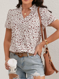 Ladies Ditsy Floral Frill Trim Notch Neck Puff Sleeve Blouse Women Tops Shirts