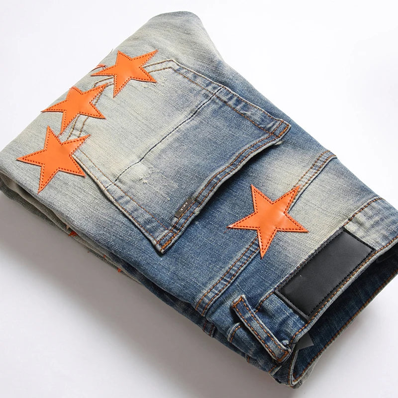2023 Autumn New Fashion Men High Street Orange Star Embroidery Patch Jeans Men's Slim Fit Full Sky Star Denim Pants Jeans