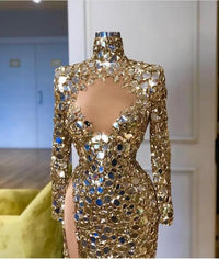 Arabic Aso Ebi Gold Sequined mirror Prom Dresses Long Sleeves High Split Evening Formal Party Second Reception Gowns Dress