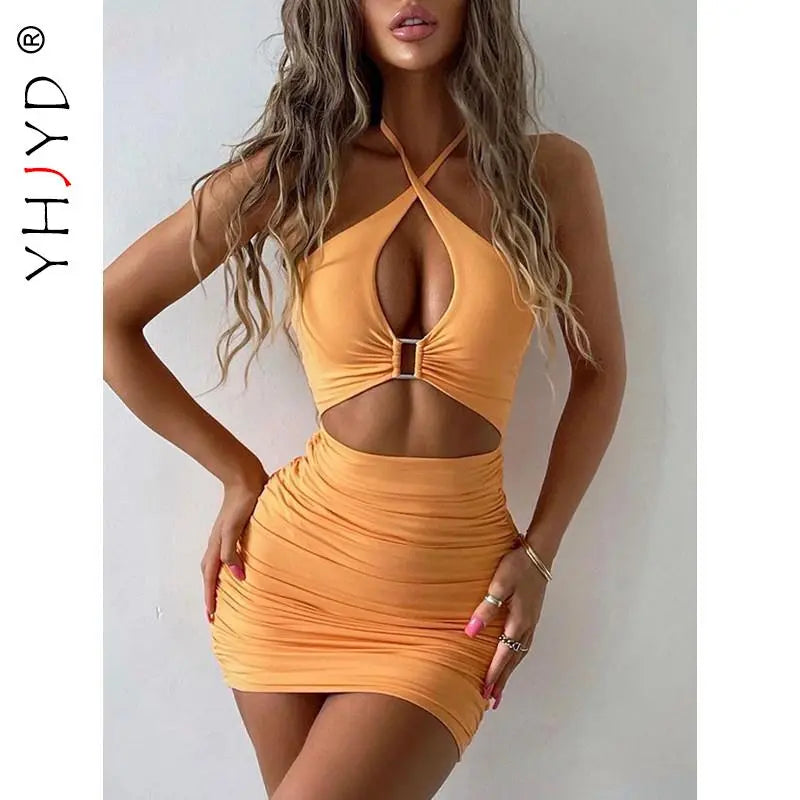 Sexy Bodycon Dress for Women 2023 Summer Solid Backless Cut Out Women's Ruched Cross Halter Short Mini Dresses Party Club Outfit