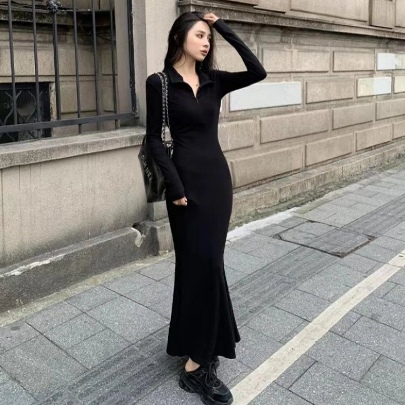 Women Basic Long Sleeve Dresses Zipper V-neck Pure Black Maxi Fashion Street Modern Sexy Female Spring Autumn Graceful Simple
