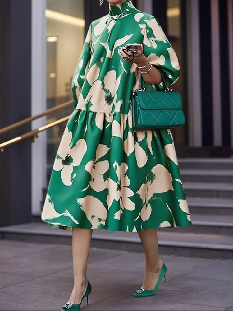 Yeezzi Women's Floral Printed High Neck Party Evening Midi Dresses Half Puff Sleeves Loose Elegant Wedding Banquet Pleated Dress