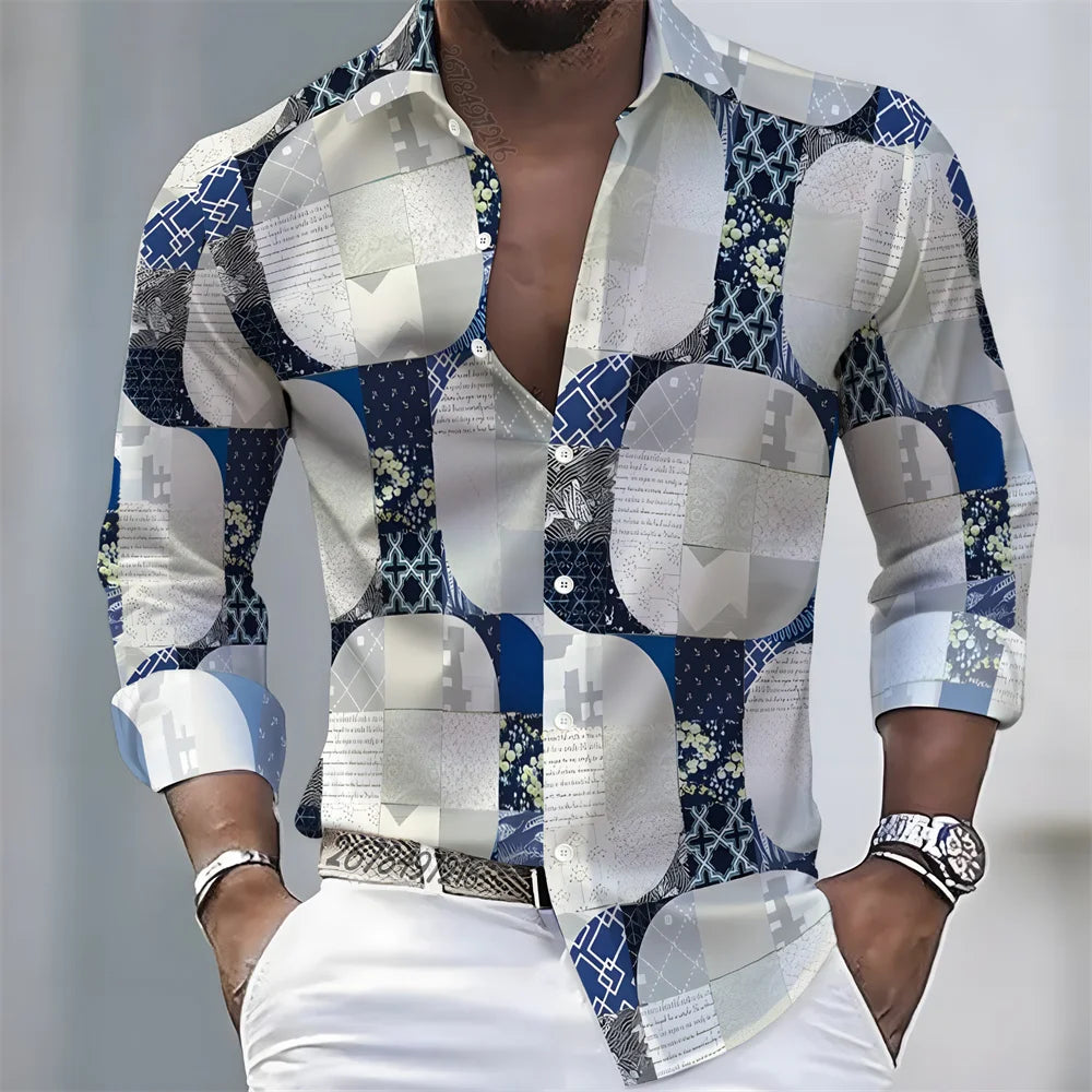 American retro patchwork print men's long-sleeved shirt, casual spring and autumn turn-down collar cardigan, plus size men's top