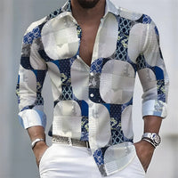 American retro patchwork print men's long-sleeved shirt, casual spring and autumn turn-down collar cardigan, plus size men's top