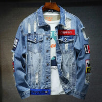 Men Brand Denim Jacket Hip Hop Streetwear Punk Motorcycle Ripped Print Cowboy Outwear High Quality Casual Hole Male Jeans Coat