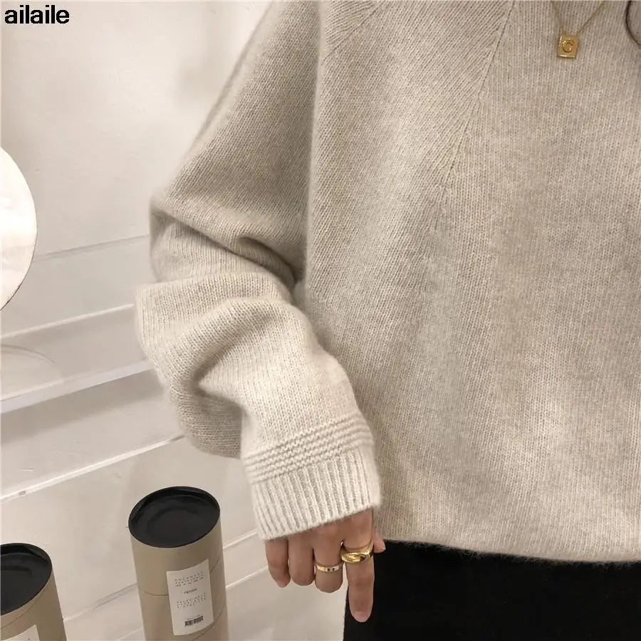 Ailaile Knit Sweater Women Long Sleeve Loose Wool Pullover Round O Neck Outer Jumper Autumn Winter Thick All Match Basic Tops