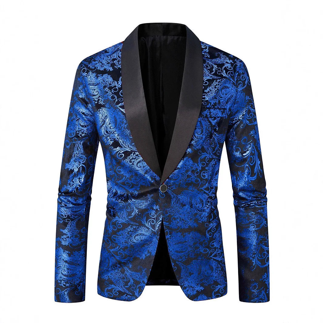 Burgundy Men's Long-sleeved Suit Jacket, Purple Printed Black Collar Single-button Coat, Wedding/Party/Stage Performance Blazers