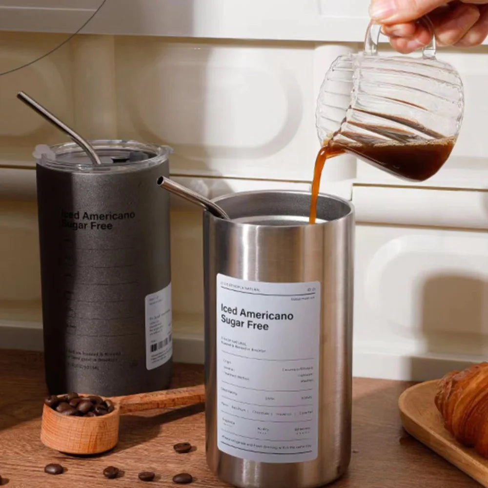 360/600ml Stainless Steel Coffee Cup Double Vacuum Insulated Cup Portable Ice American Keep Cold Coffee Mug with Lid + Straw