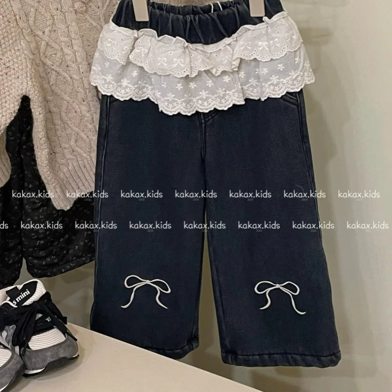Jeans 2024 Girls Autumn Winter New Korean Lace Waist Bow Velvet Jeans Tide Teenage Girls Clothing Girls Pants